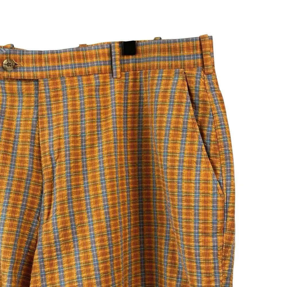 Peter Millar Men Shorts 38 Orange Blue Plaid Golf Cotton Flat Front Casual